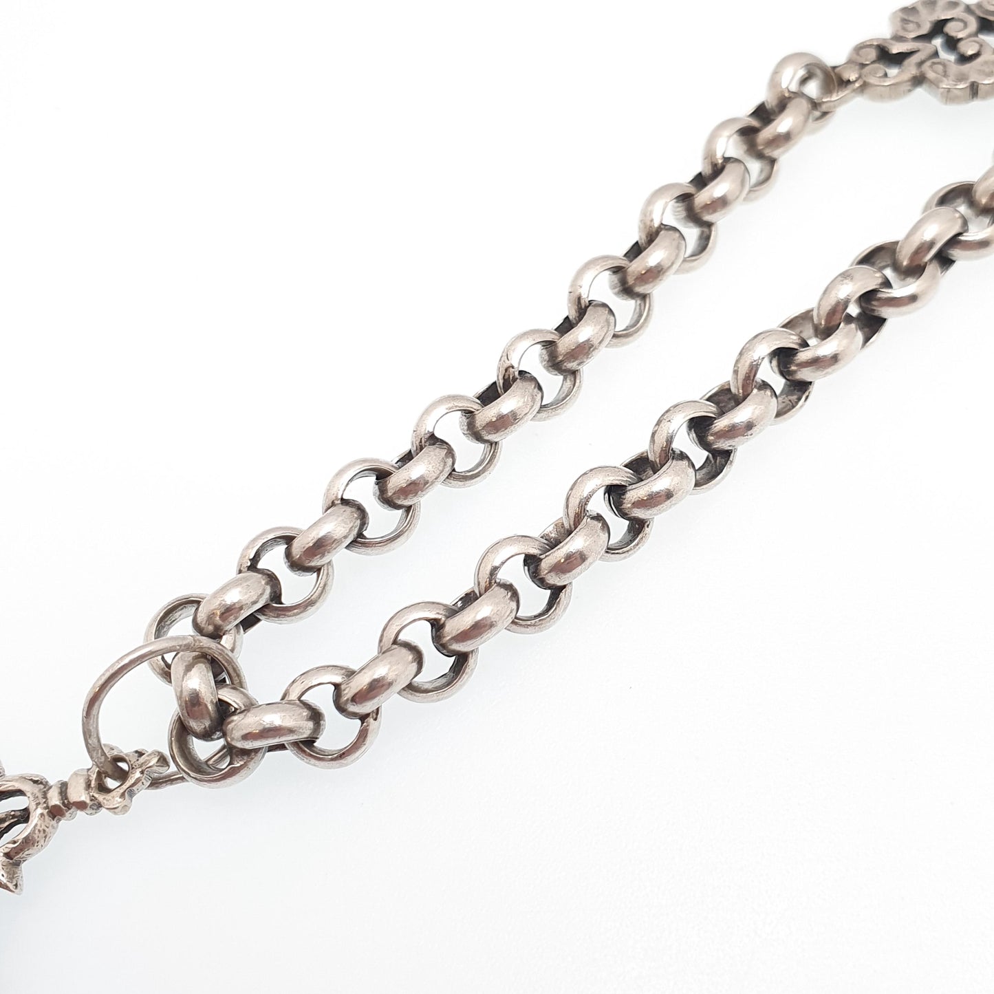 Antique Solid Silver Rolo Link Bracelet Thick Belcher Cruciform Charm Art Nouveau T Bar Clasp Heavy Gothic 28.44g Men Womens Vintage