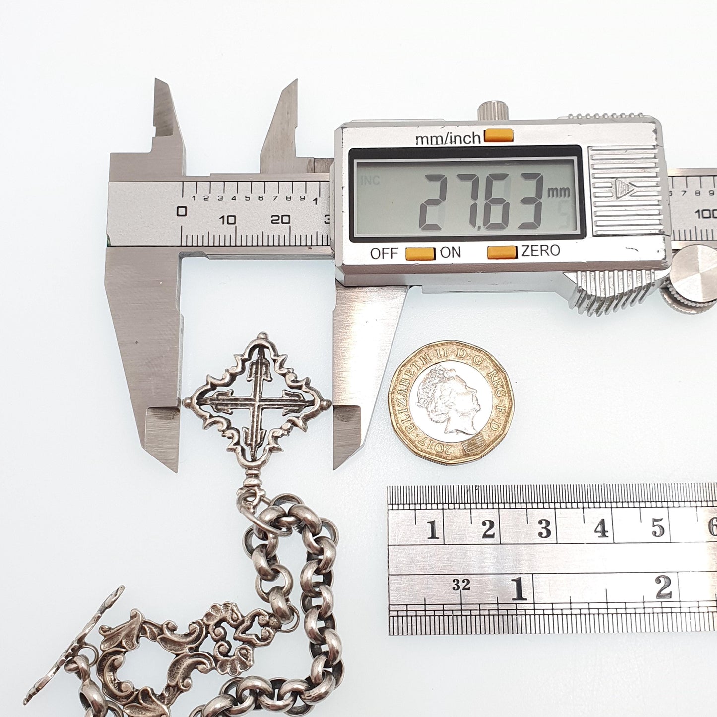 Antique Solid Silver Rolo Link Bracelet Thick Belcher Cruciform Charm Art Nouveau T Bar Clasp Heavy Gothic 28.44g Men Womens Vintage