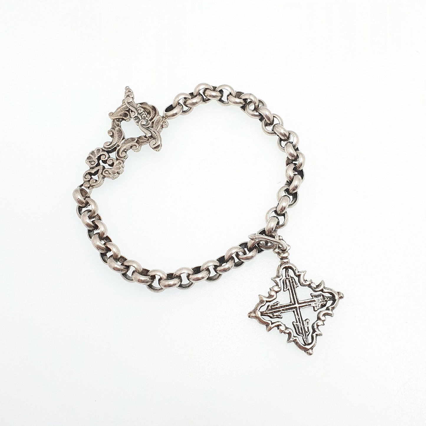 Antique Solid Silver Rolo Link Bracelet Thick Belcher Cruciform Charm Art Nouveau T Bar Clasp Heavy Gothic 28.44g Men Womens Vintage