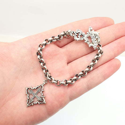 Antique Solid Silver Rolo Link Bracelet Thick Belcher Cruciform Charm Art Nouveau T Bar Clasp Heavy Gothic 28.44g Men Womens Vintage