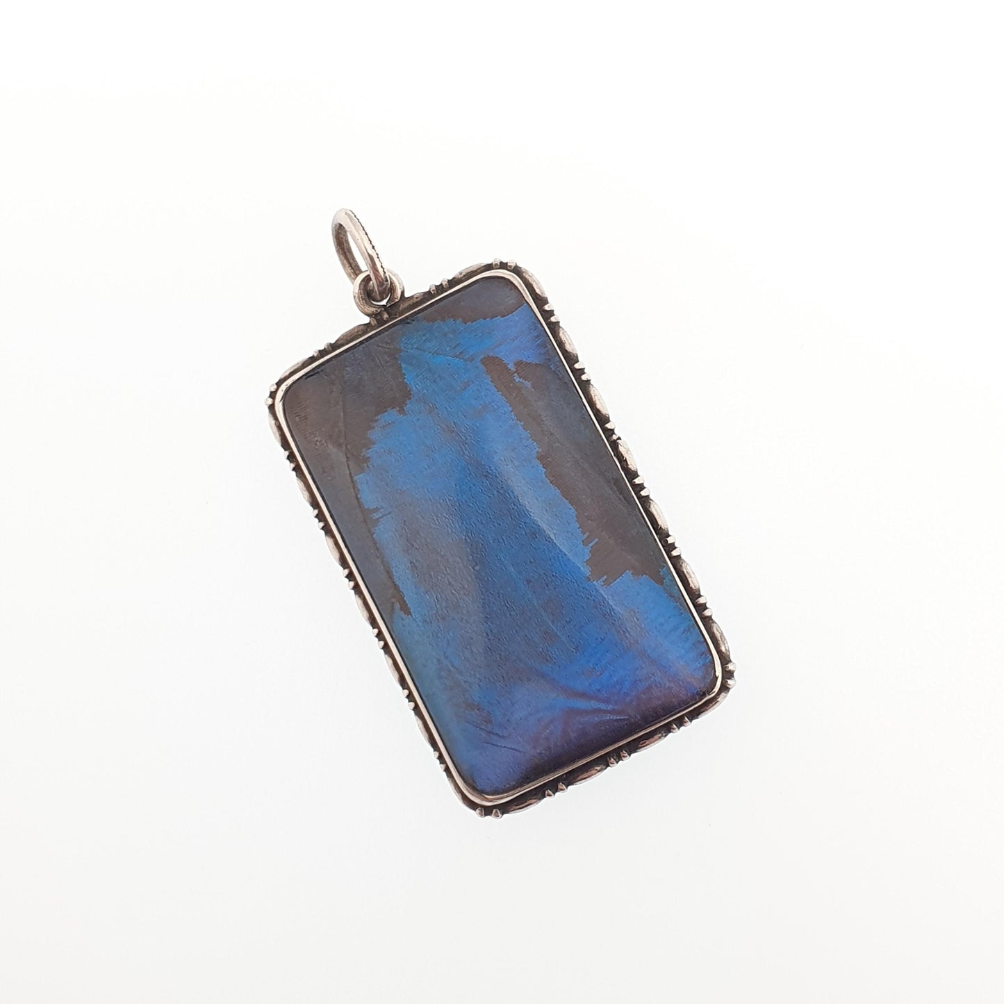 Antique Art Deco Solid Silver Butterfly Wing Necklace Pendant Rectangular Vintage 1920s Blue Bug Fly Insect Jewelry Jewellery