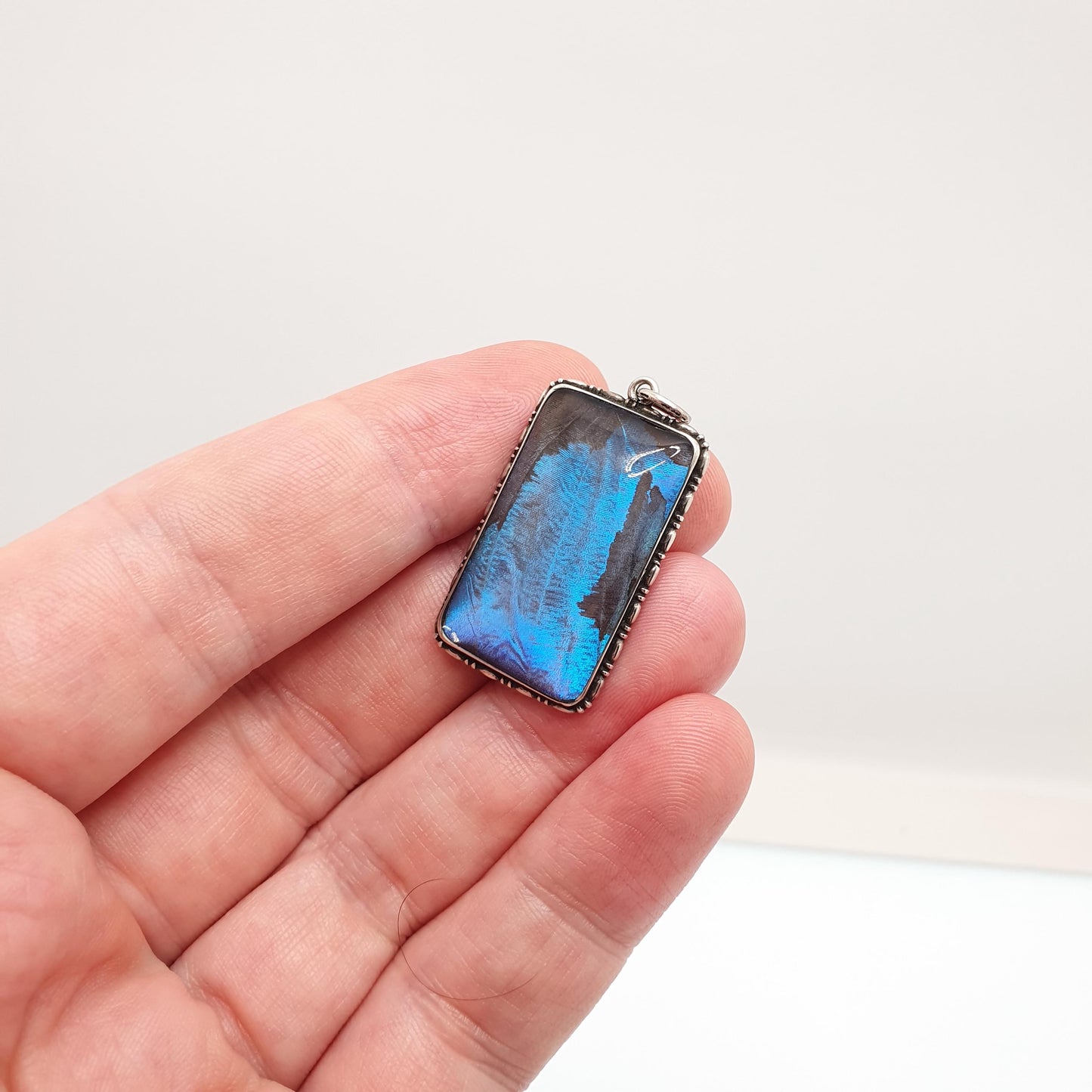 Antique Art Deco Solid Silver Butterfly Wing Necklace Pendant Rectangular Vintage 1920s Blue Bug Fly Insect Jewelry Jewellery