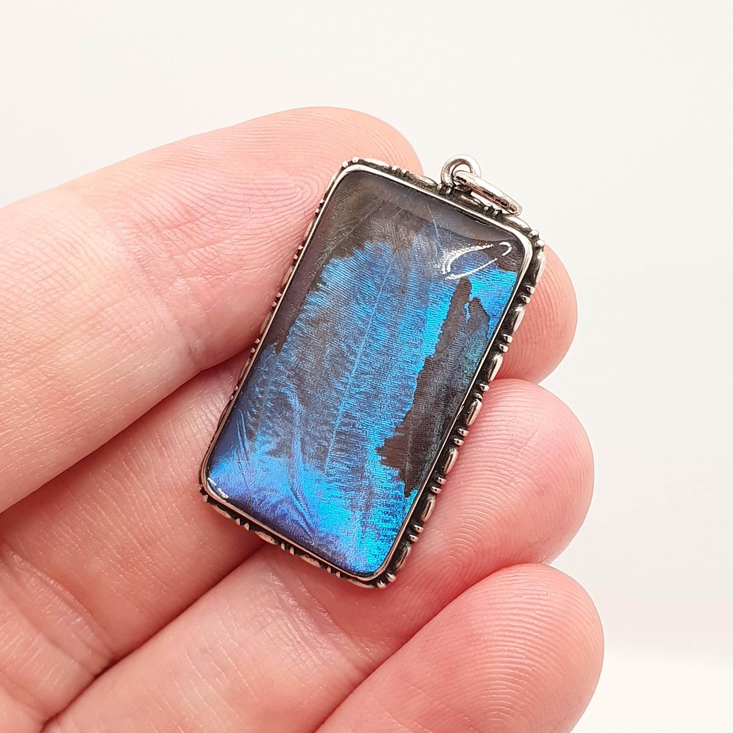 Antique Art Deco Solid Silver Butterfly Wing Necklace Pendant Rectangular Vintage 1920s Blue Bug Fly Insect Jewelry Jewellery