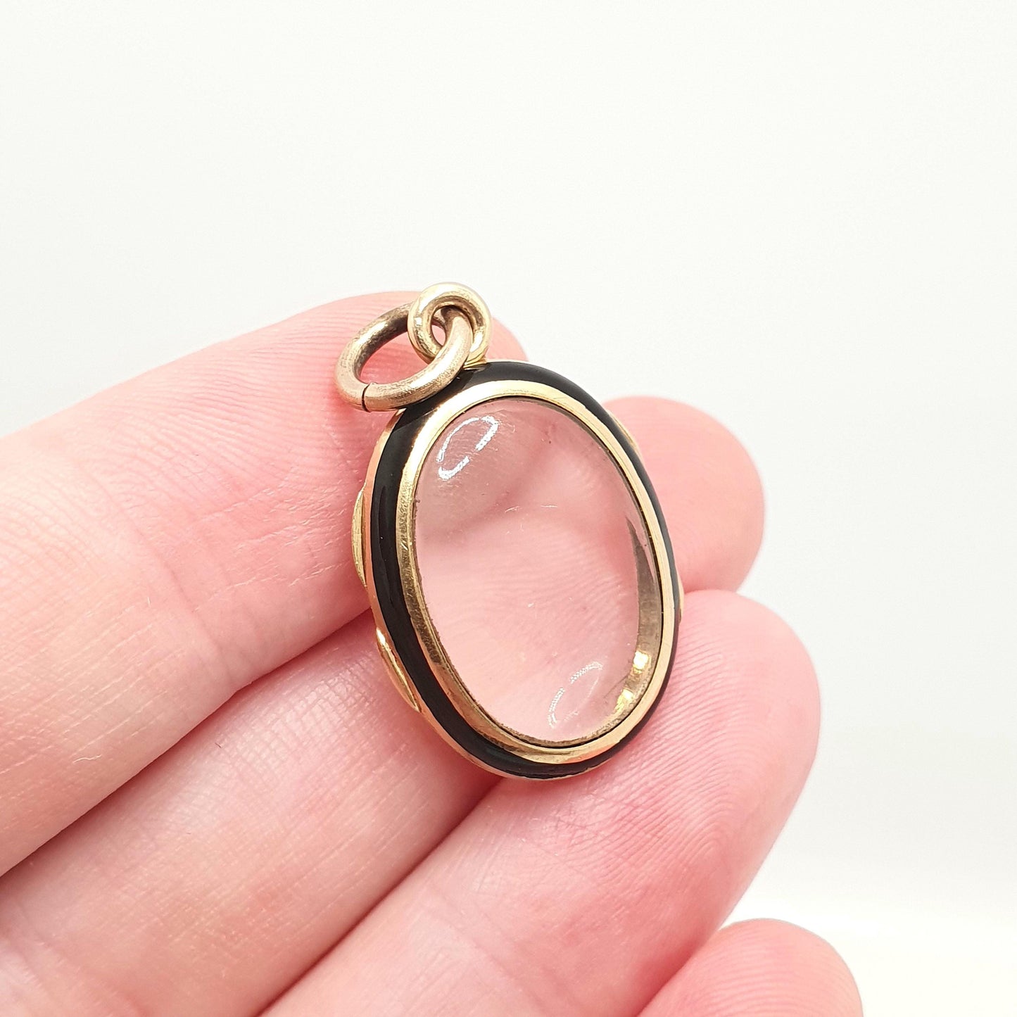 Antique Victorian 14k Gold Locket Black Enamel Double Sided Glass Solid 14kt 585 All Gold Small Oval Necklace Pendant Vintage