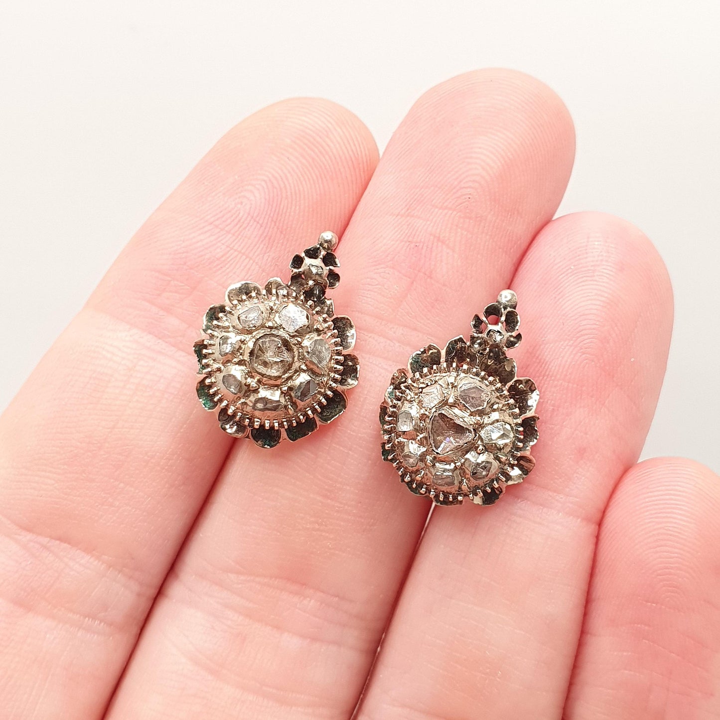 Antique Georgian Solid Silver Diamond Earrings Rose Cut Low Carat Gold Screw Back Natural Diamonds Vintage Jewelry Jewellery