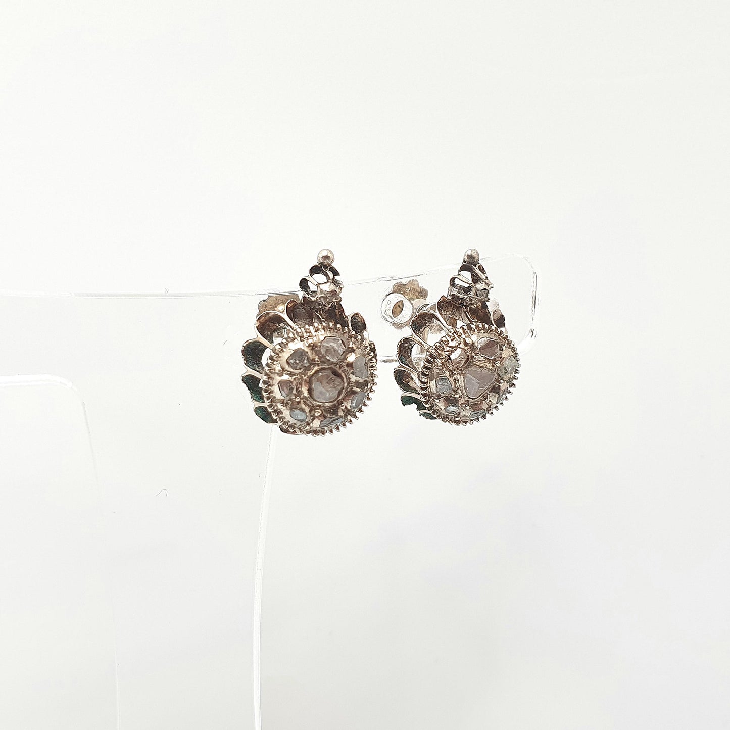 Antique Georgian Solid Silver Diamond Earrings Rose Cut Low Carat Gold Screw Back Natural Diamonds Vintage Jewelry Jewellery