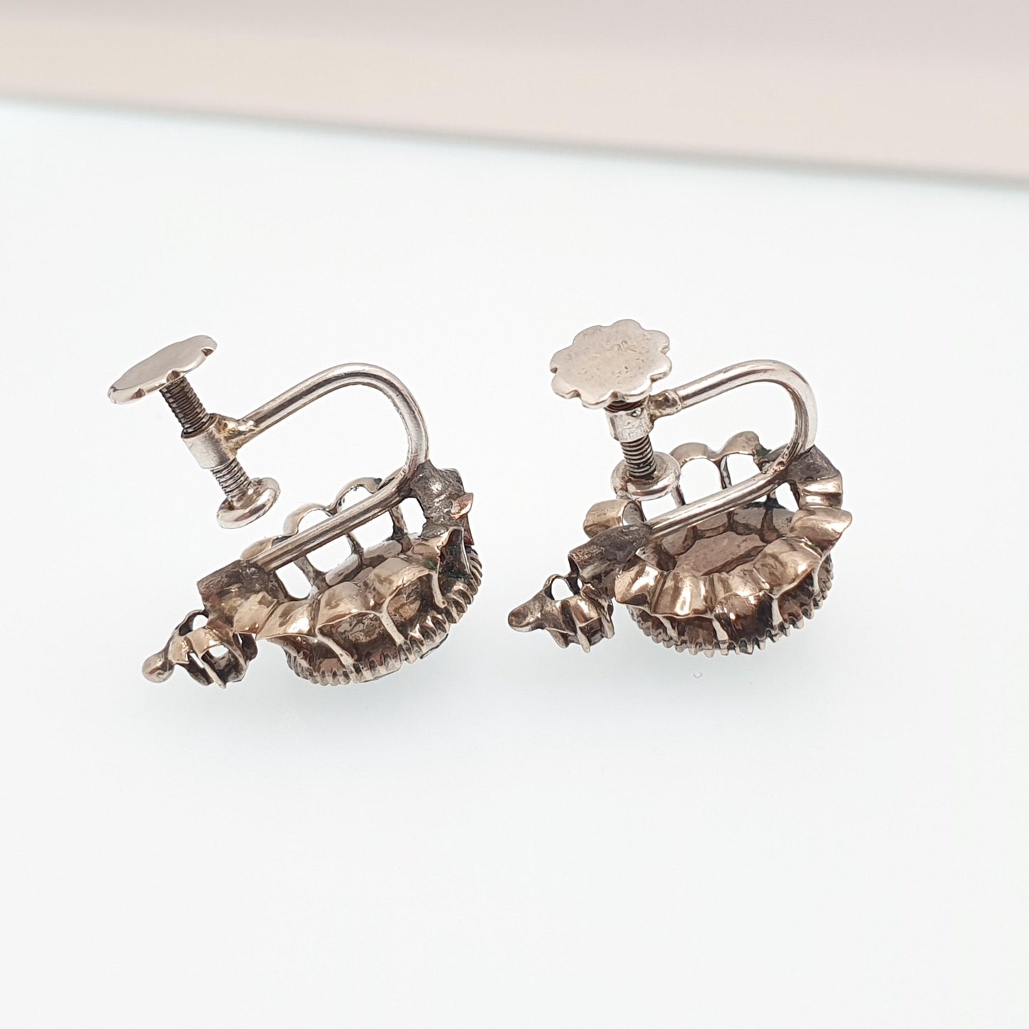 Antique Georgian Solid Silver Diamond Earrings Rose Cut Low Carat Gold Screw Back Natural Diamonds Vintage Jewelry Jewellery