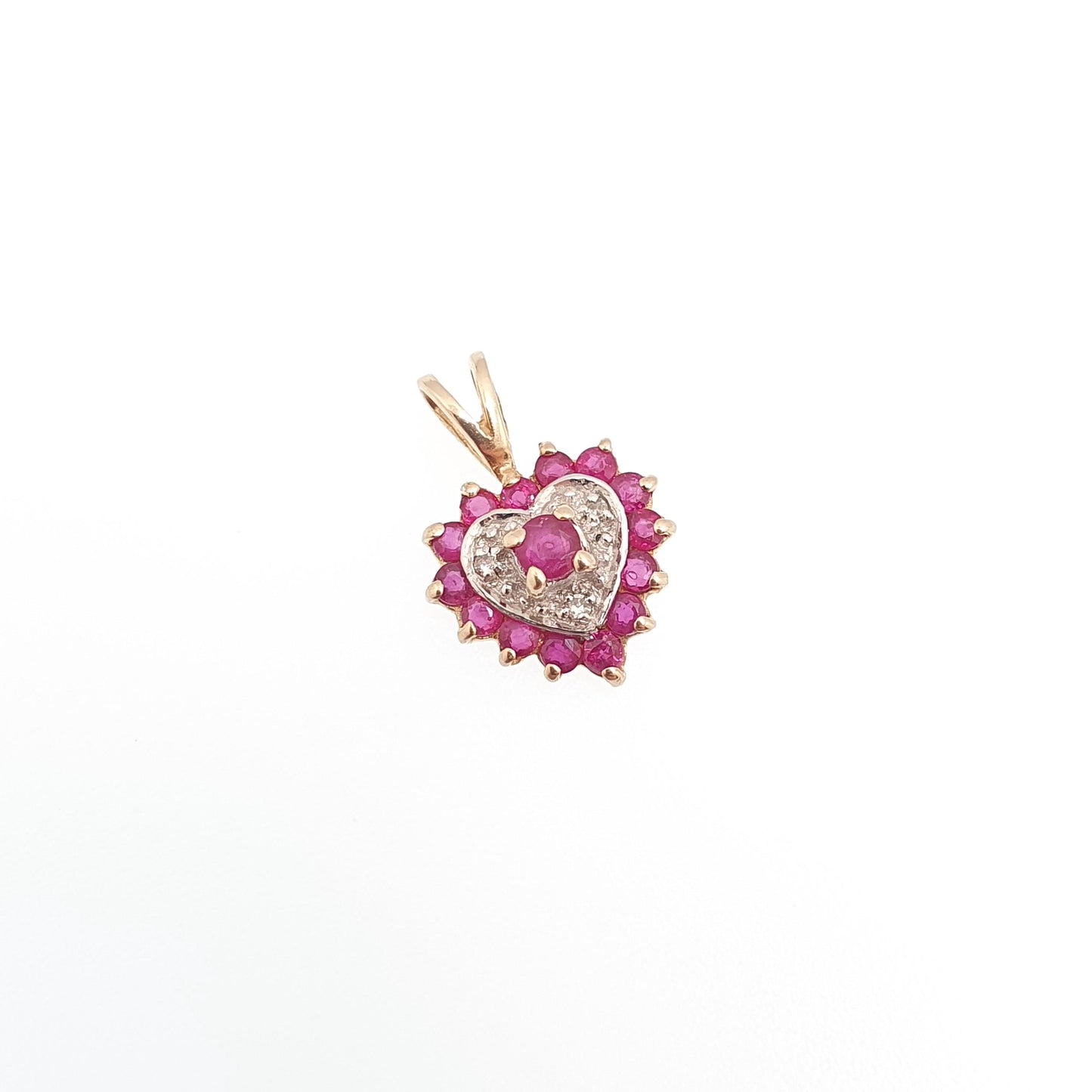 Vintage 9k 9ct Gold Ruby & Diamond Heart Necklace Pendant Genuine Gemstones Womens Jewelry Retro Jewellery