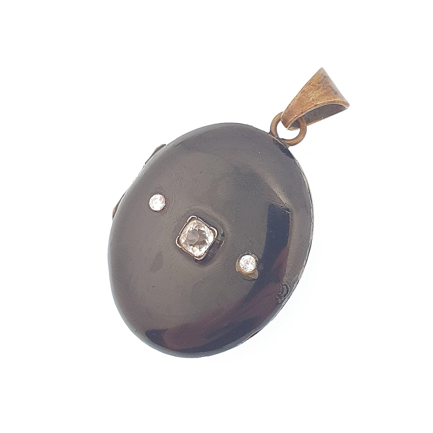 Antique Victorian Black Enamel Locket Diamond Paste Gold Tone Base Metal Large Big Pendant Necklace Oval Vintage Jewelry Jewellery