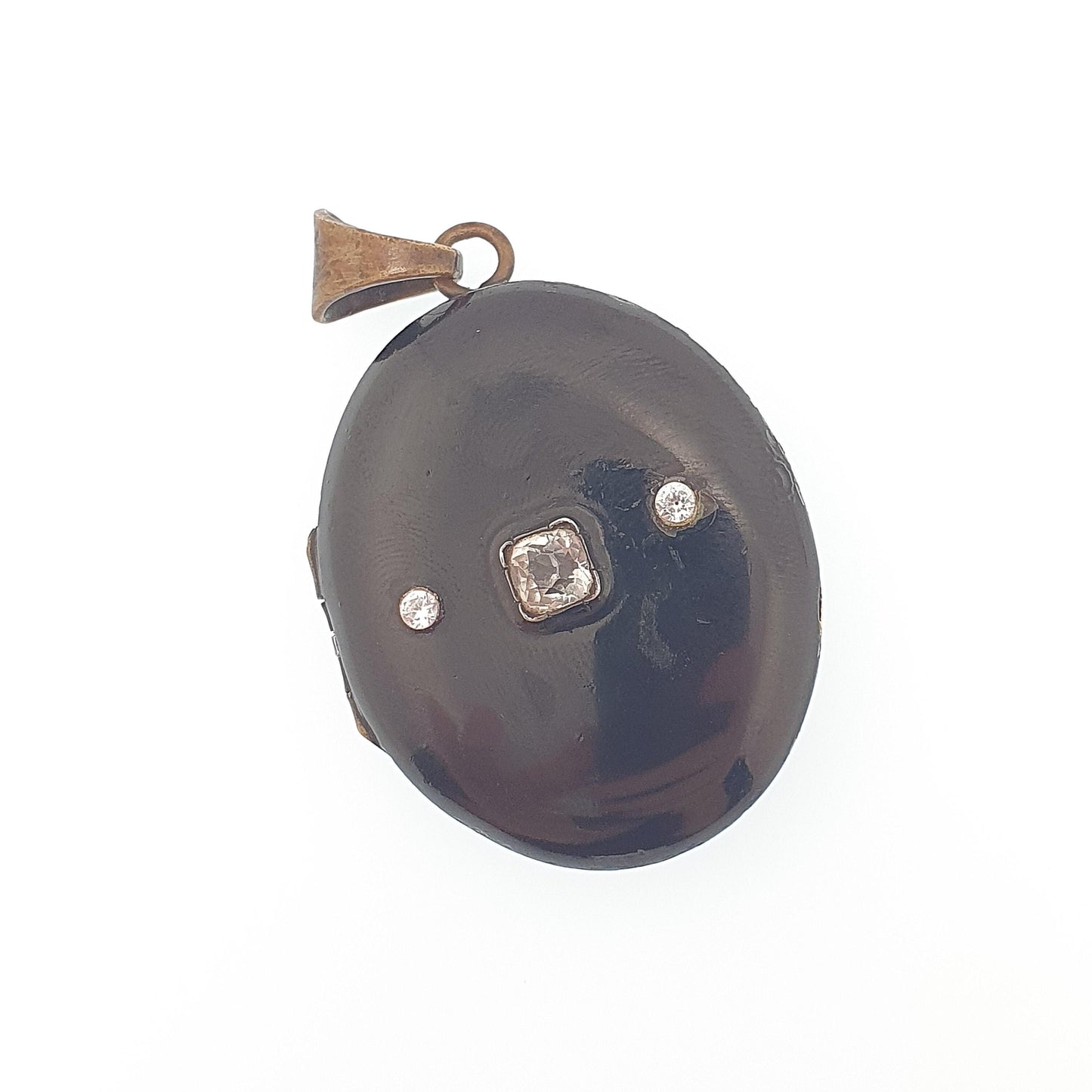 Antique Victorian Black Enamel Locket Diamond Paste Gold Tone Base Metal Large Big Pendant Necklace Oval Vintage Jewelry Jewellery
