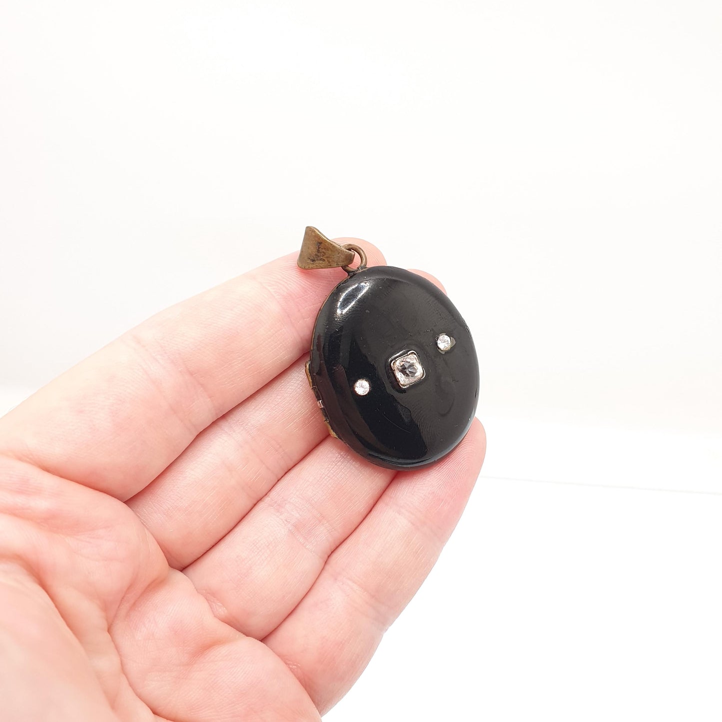 Antique Victorian Black Enamel Locket Diamond Paste Gold Tone Base Metal Large Big Pendant Necklace Oval Vintage Jewelry Jewellery