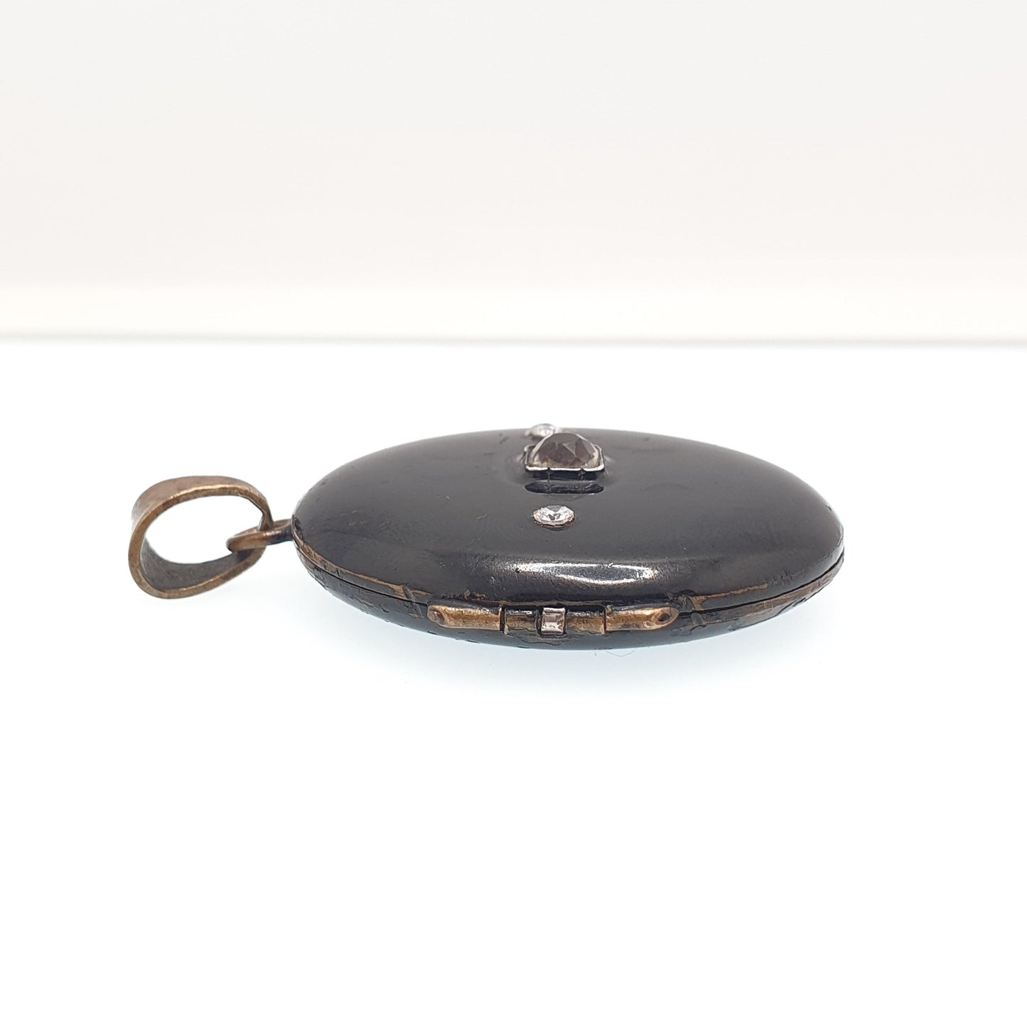 Antique Victorian Black Enamel Locket Diamond Paste Gold Tone Base Metal Large Big Pendant Necklace Oval Vintage Jewelry Jewellery
