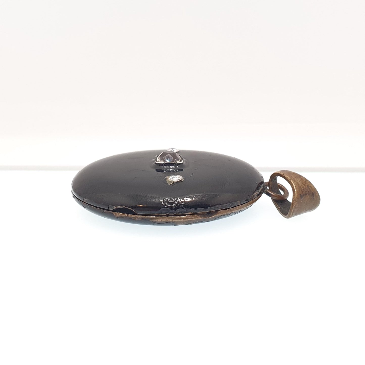 Antique Victorian Black Enamel Locket Diamond Paste Gold Tone Base Metal Large Big Pendant Necklace Oval Vintage Jewelry Jewellery