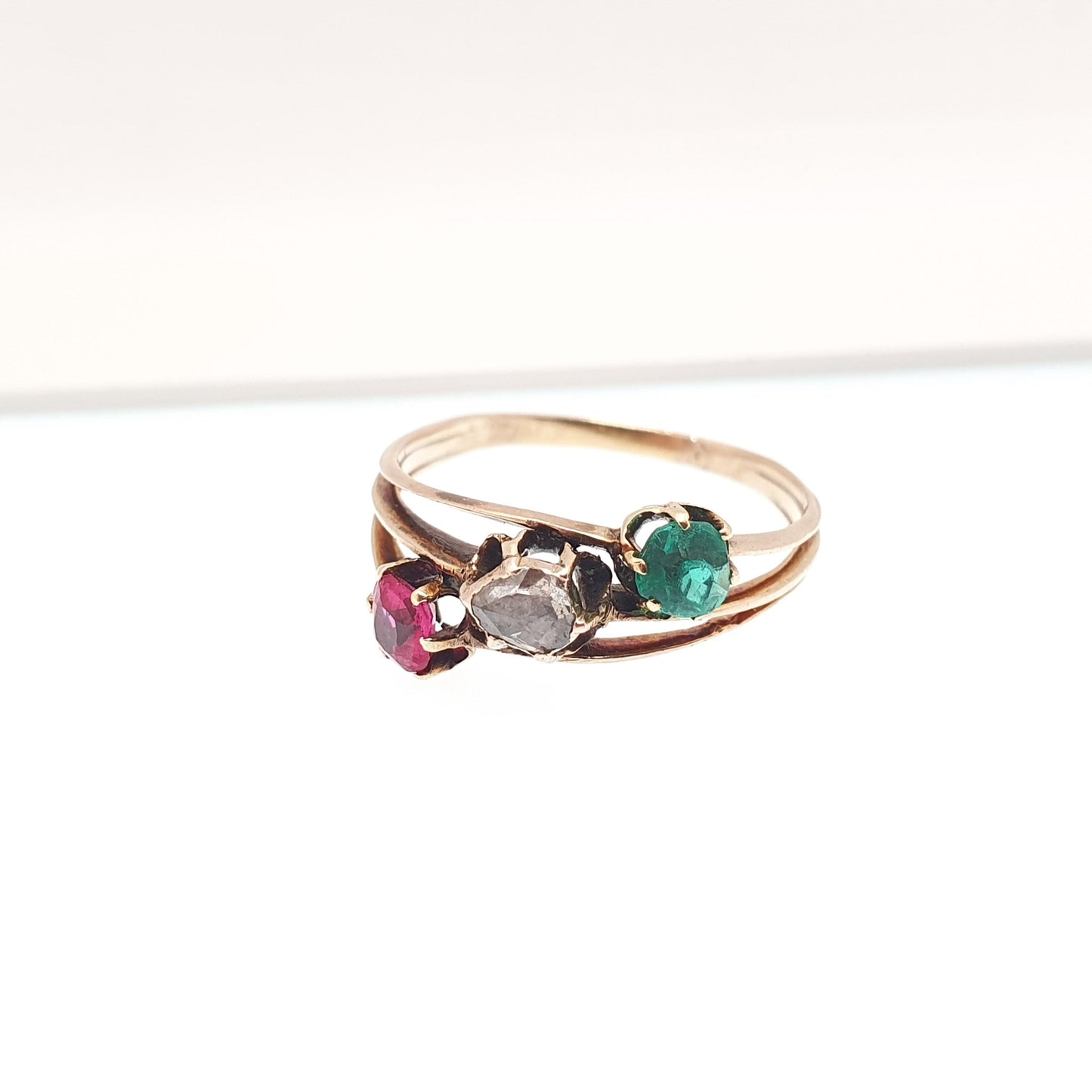 Antique 10k Gold Rose Cut Diamond Ring Victorian Emerald Paste & Ruby Paste Trilogy Solid 10kt 417 Vintage Jewelry Jewellery