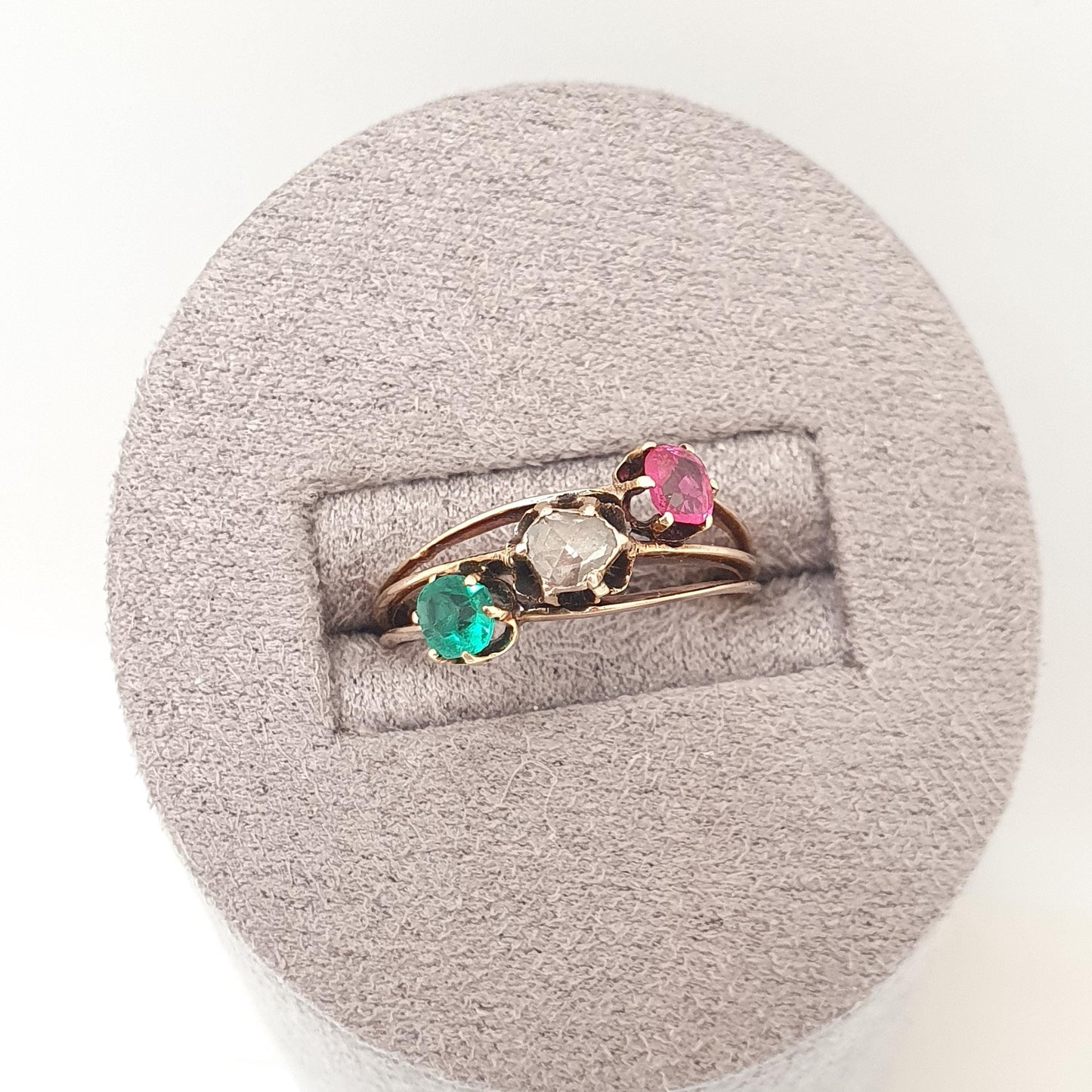 Antique 10k Gold Rose Cut Diamond Ring Victorian Emerald Paste & Ruby Paste Trilogy Solid 10kt 417 Vintage Jewelry Jewellery
