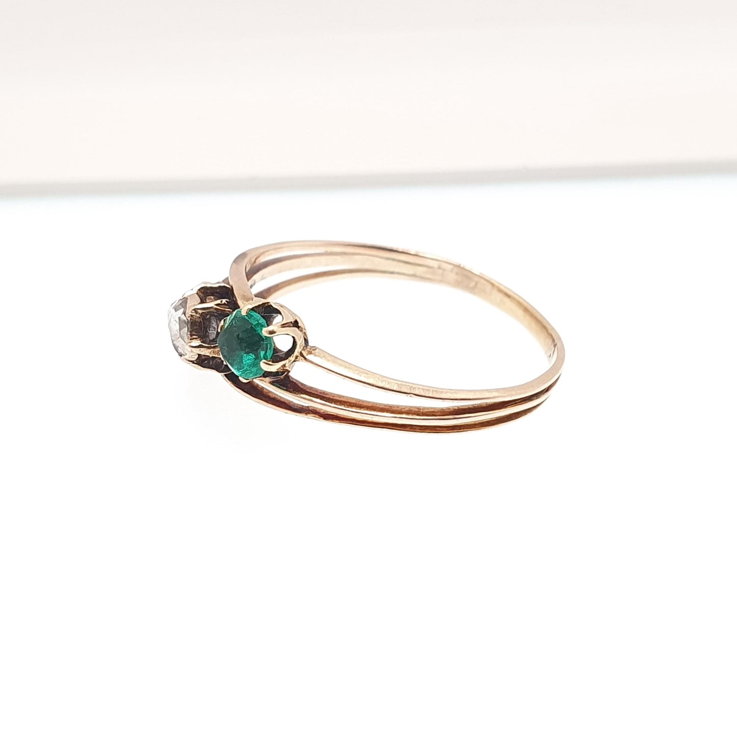 Antique 10k Gold Rose Cut Diamond Ring Victorian Emerald Paste & Ruby Paste Trilogy Solid 10kt 417 Vintage Jewelry Jewellery
