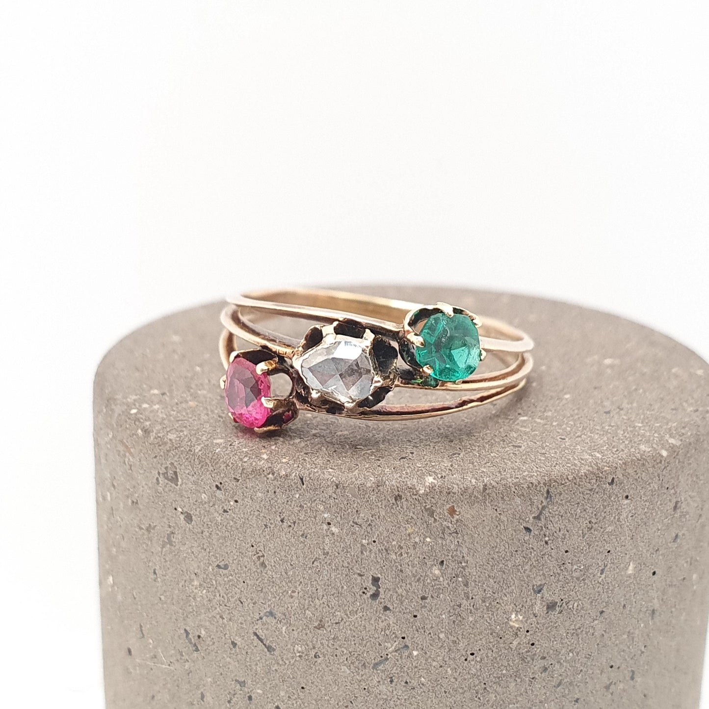 Antique 10k Gold Rose Cut Diamond Ring Victorian Emerald Paste & Ruby Paste Trilogy Solid 10kt 417 Vintage Jewelry Jewellery