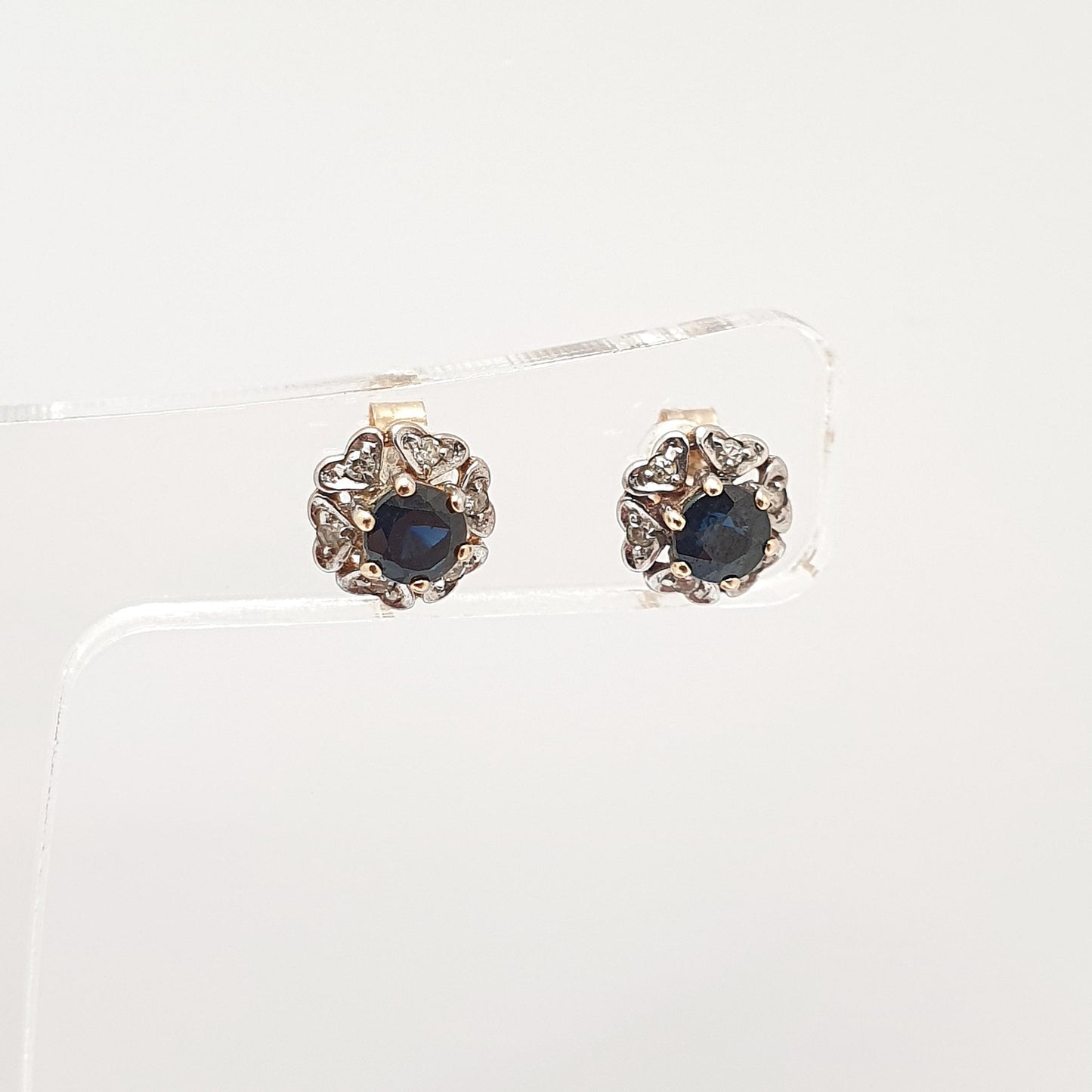 Vintage 9ct Gold Sapphire Diamond Earrings Cluster Stud Sparkly Solid 9k 375 Small Jewelry Jewellery