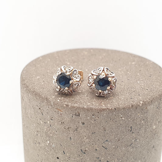 Vintage 9ct Gold Sapphire Diamond Earrings Cluster Stud Sparkly Solid 9k 375 Small Jewelry Jewellery