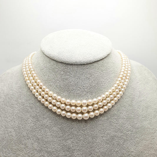 Vintage MIKIMOTO Pearl Necklace Triple Strand Sterling Silver Clasp Cultured Akoya Japanese Choker 36.5cm 14.3" 35.48g Womens