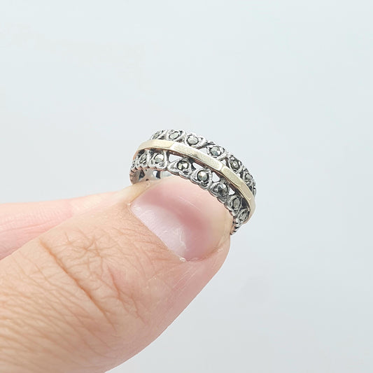 Antique 9ct Gold & Silver Eternity Ring Marcasite Heart Pattern Solid 9k 9kt Art Deco Womens Jewellery Jewelry UK K US 5.25