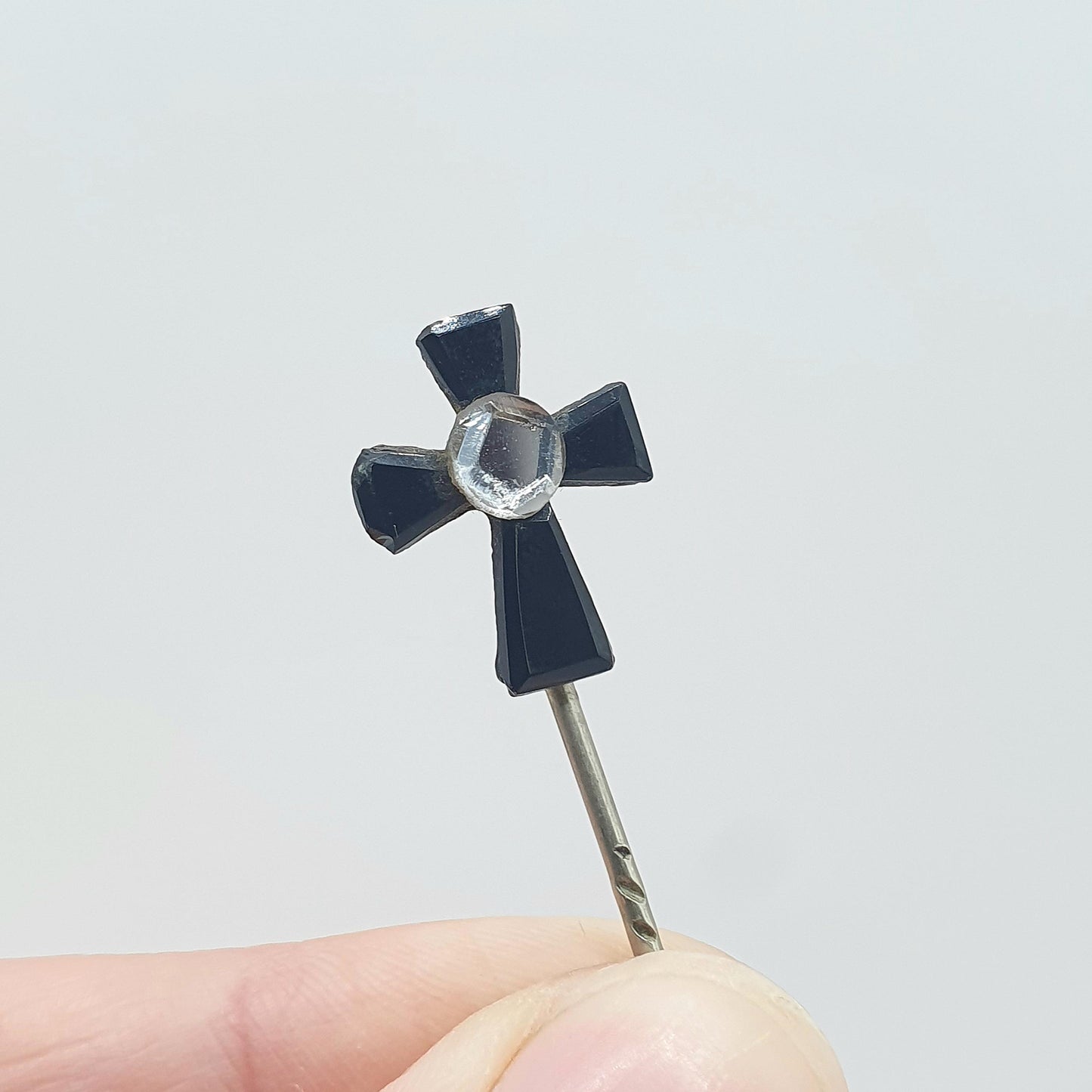 Antique Victorian Vauxhall Glass Crucifix Stick Pin Black and White Cross Base Metal Vintage Jacket Coat Mens Gents Jewelry Jewellery