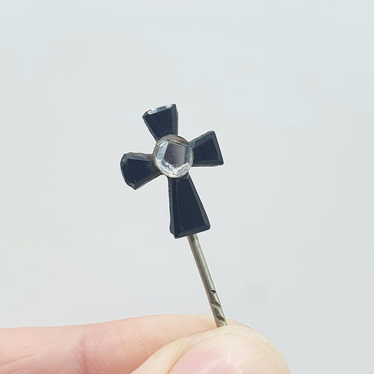 Antique Victorian Vauxhall Glass Crucifix Stick Pin Black and White Cross Base Metal Vintage Jacket Coat Mens Gents Jewelry Jewellery