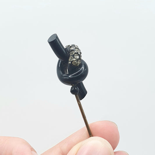 Antique Art Deco Diamond Paste Knot Stick Pin Early Black Plastic Mourning Base Metal Black Jacket Lapel Pin Jewelry Jewellery