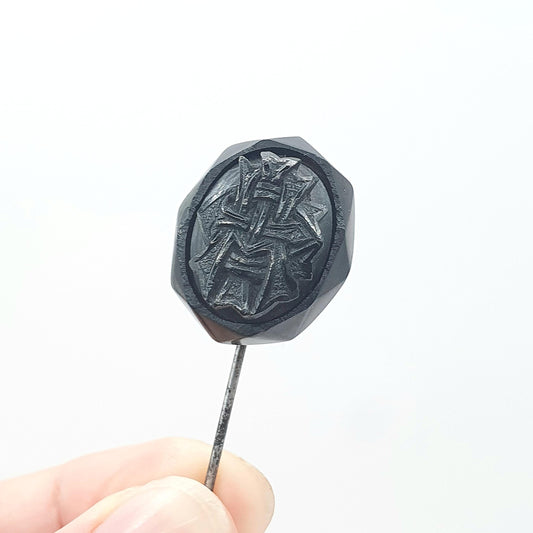 Antique Victorian Whitby Jet Flower Monogram Cameo Stick Pin Base Metal Lapel Jacket 1800s Black Genuine Vintage Mens Jewellery