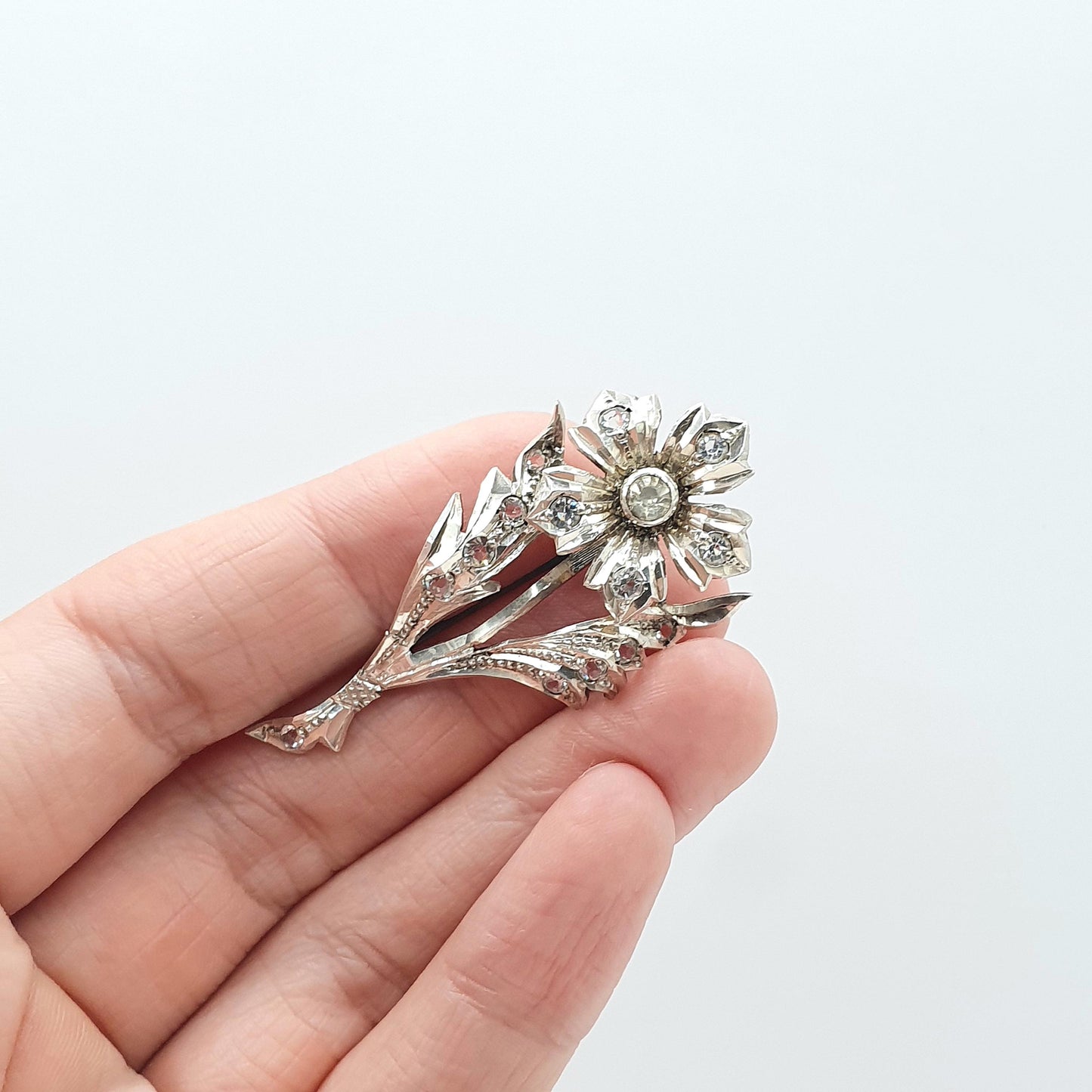 Antique Sterling Silver Diamond Paste Flower Brooch Floral Spray Victorian Sparkly Retro Vintage Womens Jewelry Jewellery