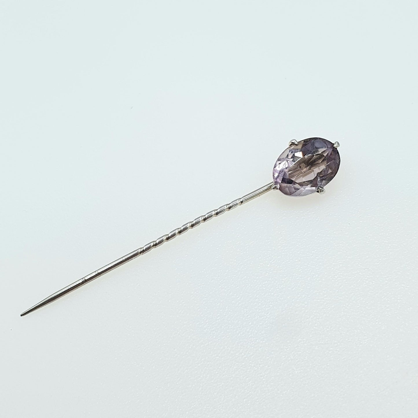 Antique Solid Silver Natural Amethyst Stick Pin Oval Cut Quartz Purple Gemstone Lapel Vintage Jacket Coat Mens Gents Jewelry Jewellery