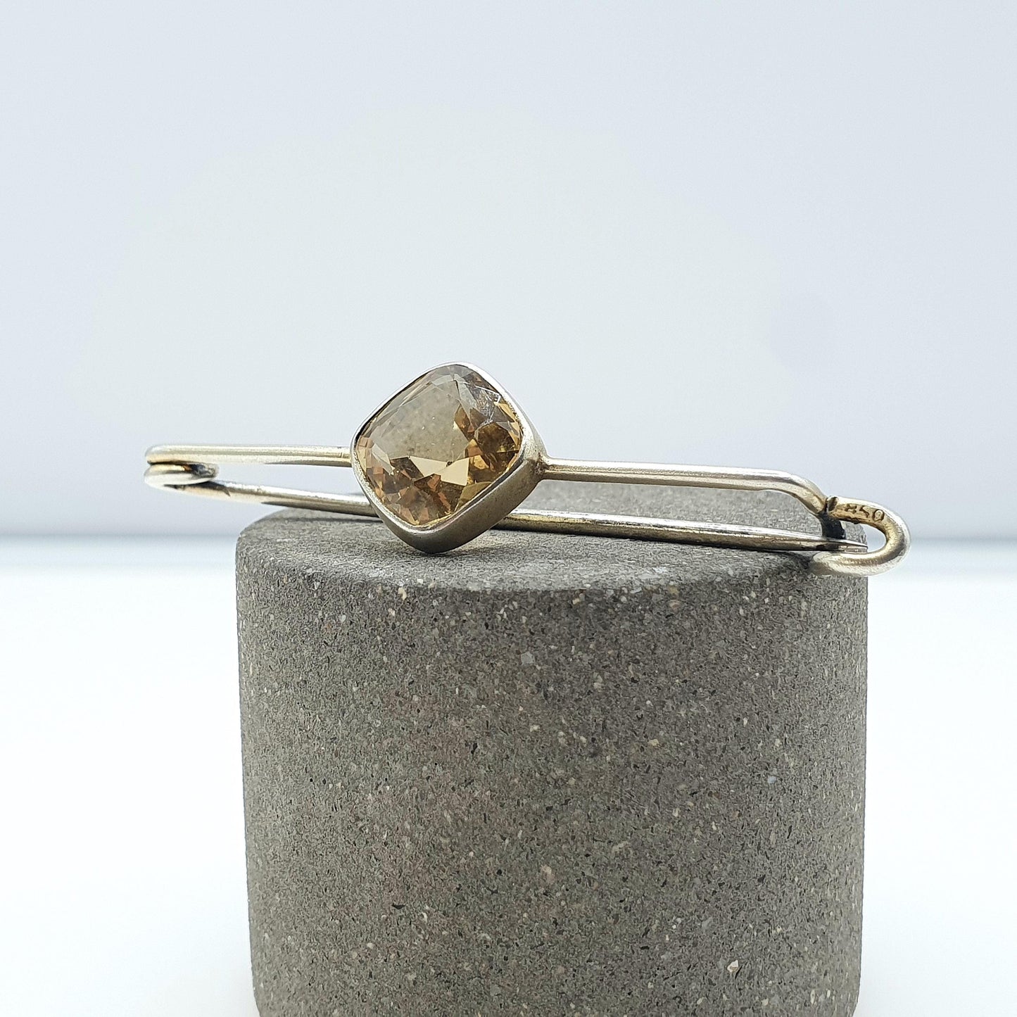 Antique Solid Silver Natural Citrine Brooch Pin Square Cut Orange Quartz Gemstone Vintage Womens Unisex Jewelry Jewellery