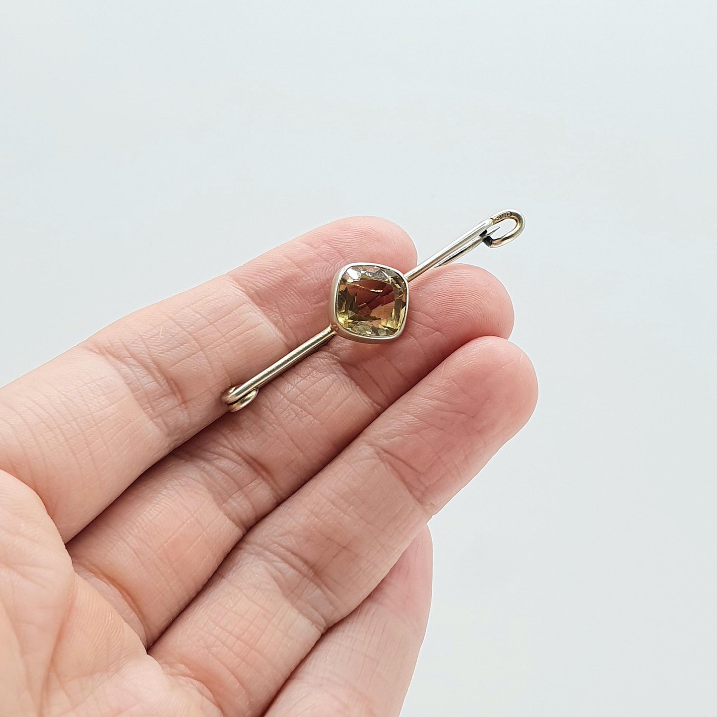 Antique Solid Silver Natural Citrine Brooch Pin Square Cut Orange Quartz Gemstone Vintage Womens Unisex Jewelry Jewellery