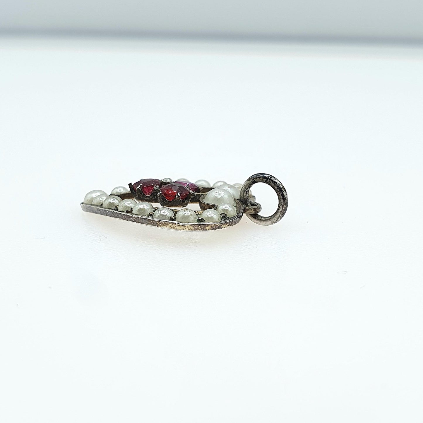 Antique Victorian Solid Silver Garnet Paste Heart Pendant Faux Seed Pearl Love Puffer Vintage Jewellery Womens Jewelry