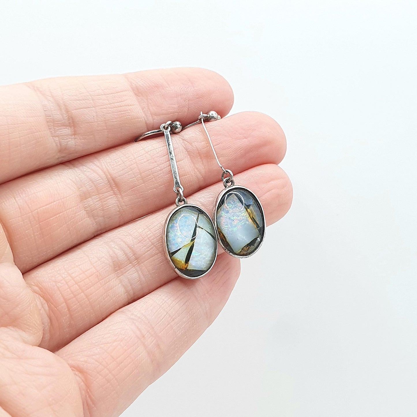 Antique Art Deco Sterling Silver Opal Mosaic Earrings Hanging White Gemstone Tiles Screw Back Vintage Jewelry Jewellery Womens