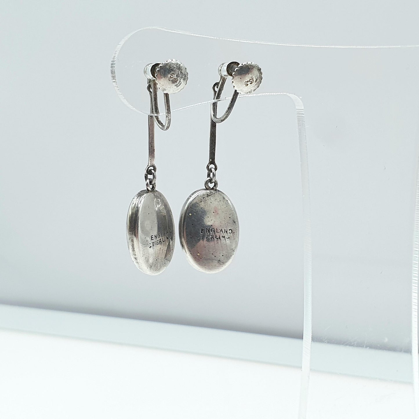 Antique Art Deco Sterling Silver Opal Mosaic Earrings Hanging White Gemstone Tiles Screw Back Vintage Jewelry Jewellery Womens