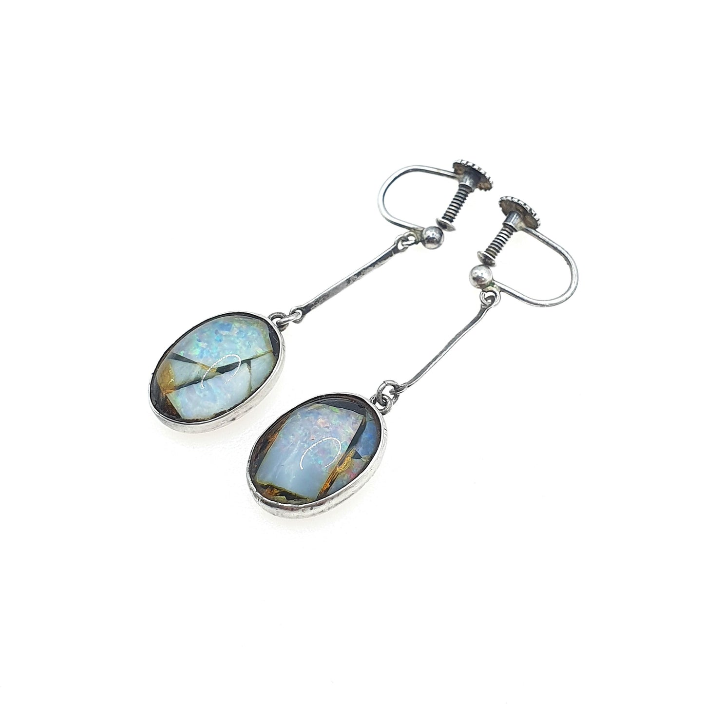 Antique Art Deco Sterling Silver Opal Mosaic Earrings Hanging White Gemstone Tiles Screw Back Vintage Jewelry Jewellery Womens