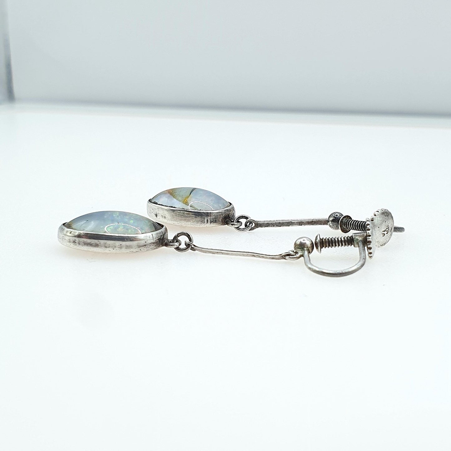 Antique Art Deco Sterling Silver Opal Mosaic Earrings Hanging White Gemstone Tiles Screw Back Vintage Jewelry Jewellery Womens