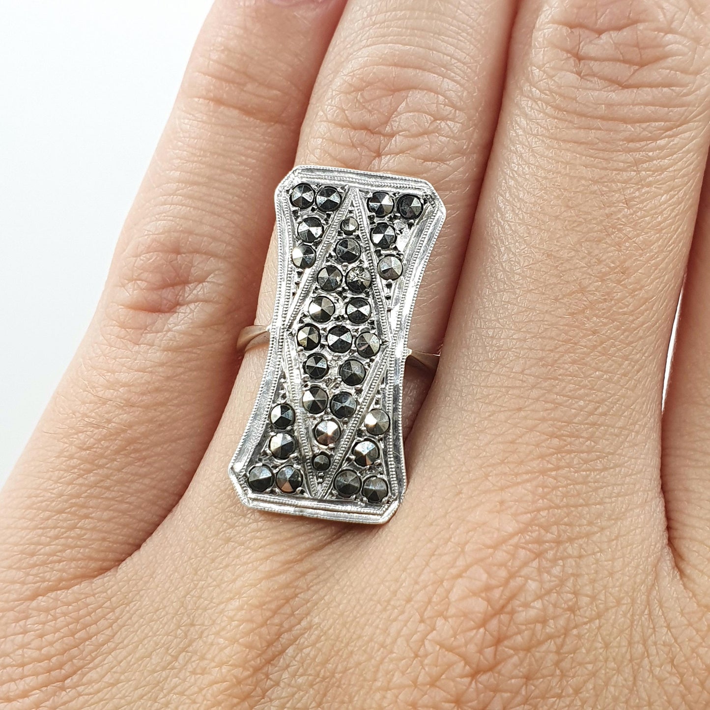 Antique 9ct Gold & Solid Silver Marcasite Ring Cocktail Statement Large Big Geometric Sparkly Ladies Womens Jewelry Jewellery UK J 1/2 US 5