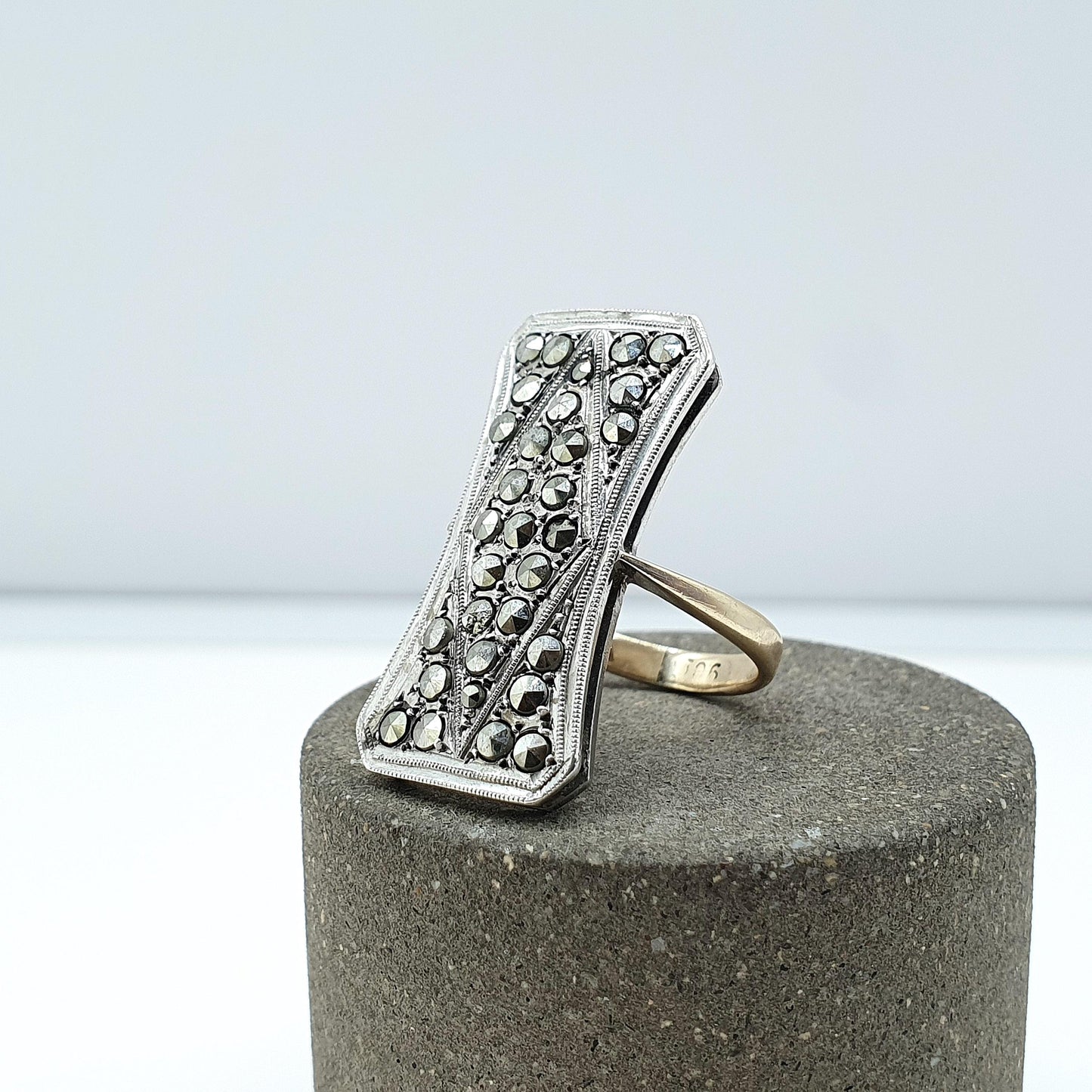 Antique 9ct Gold & Solid Silver Marcasite Ring Cocktail Statement Large Big Geometric Sparkly Ladies Womens Jewelry Jewellery UK J 1/2 US 5