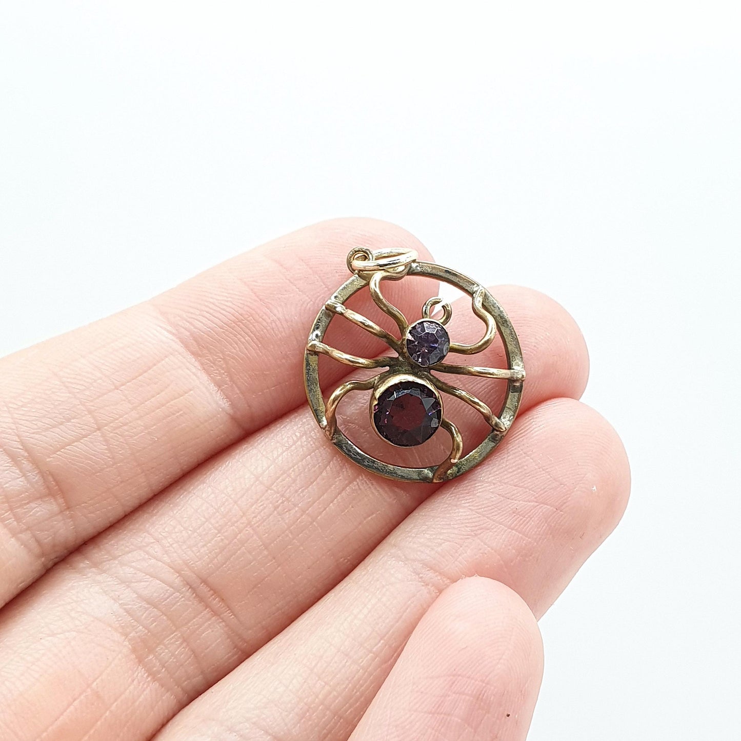 Antique Victorian Spider Pendant Amethyst Paste Gold Tone Base Metal Bug Insect Arachnid Vintage Jewelry Jewellery Womens Necklace