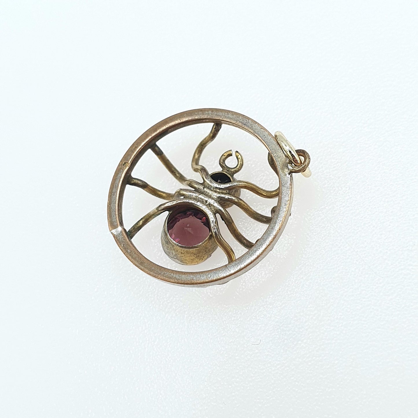 Antique Victorian Spider Pendant Amethyst Paste Gold Tone Base Metal Bug Insect Arachnid Vintage Jewelry Jewellery Womens Necklace