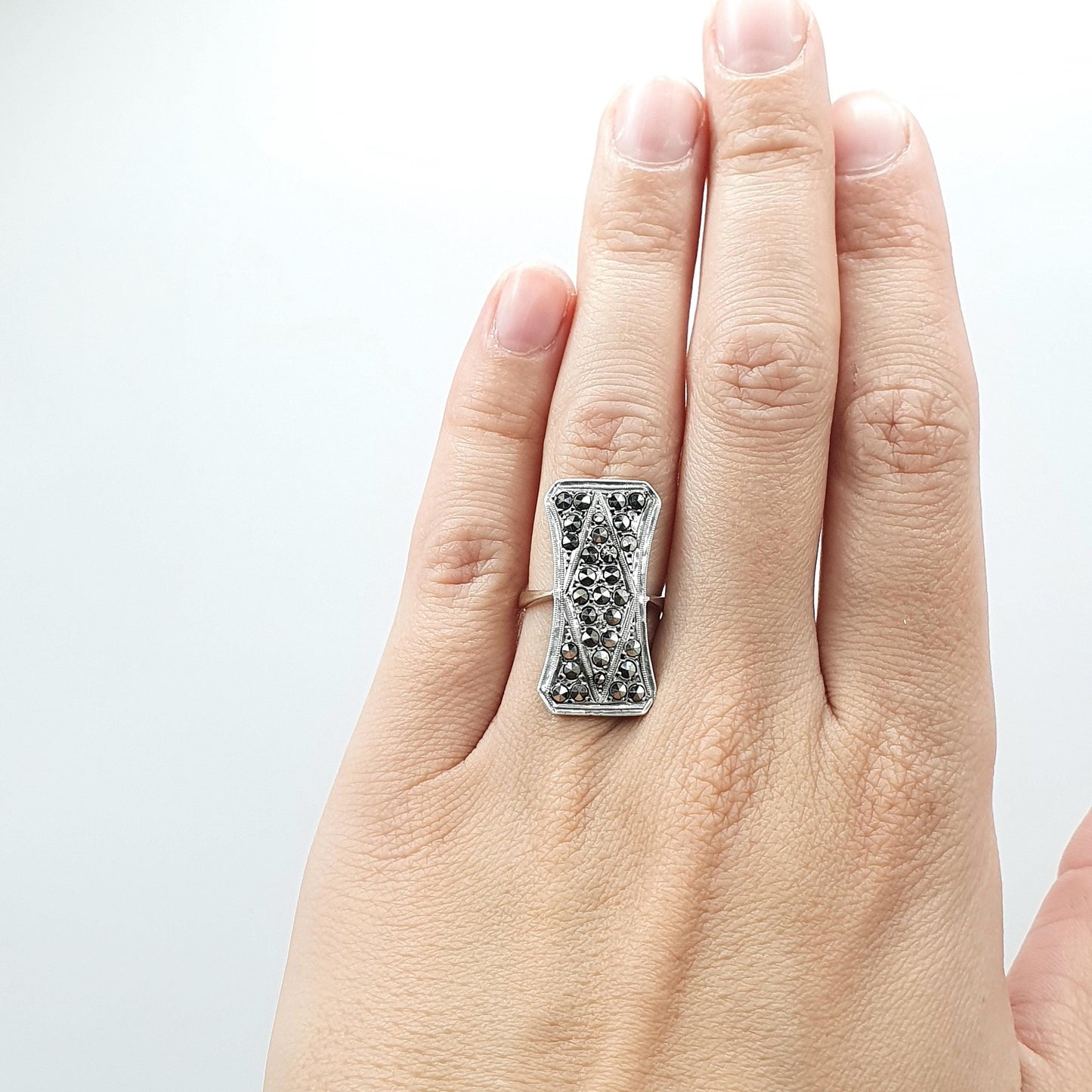 Antique 9ct Gold & Solid Silver Marcasite Ring Cocktail Statement Large Big Geometric Sparkly Ladies Womens Jewelry Jewellery UK J 1/2 US 5