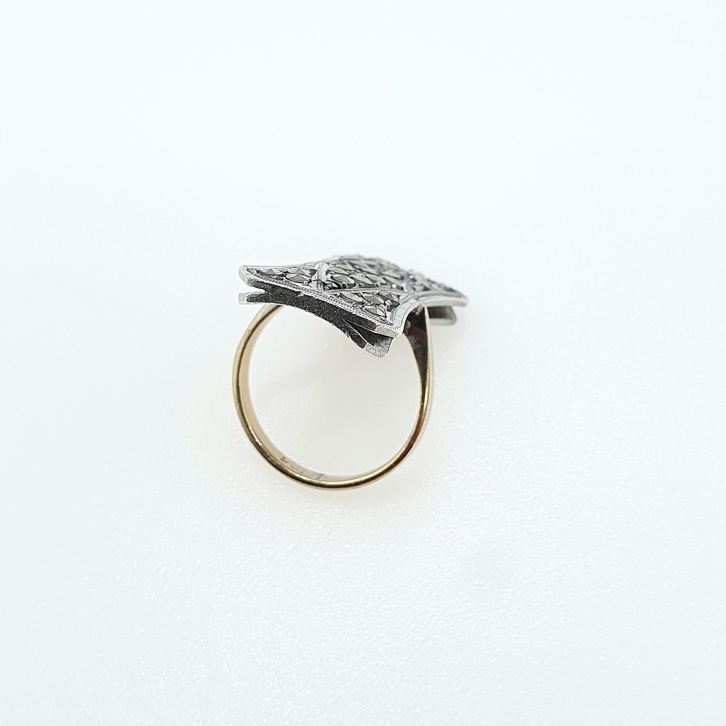 Antique 9ct Gold & Solid Silver Marcasite Ring Cocktail Statement Large Big Geometric Sparkly Ladies Womens Jewelry Jewellery UK J 1/2 US 5