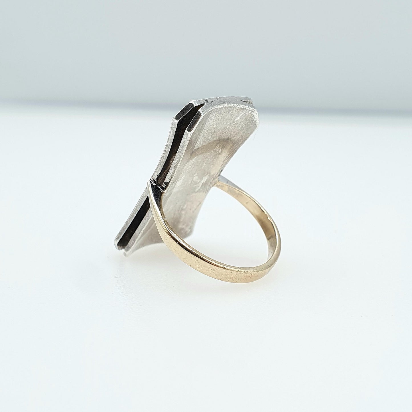 Antique 9ct Gold & Solid Silver Marcasite Ring Cocktail Statement Large Big Geometric Sparkly Ladies Womens Jewelry Jewellery UK J 1/2 US 5