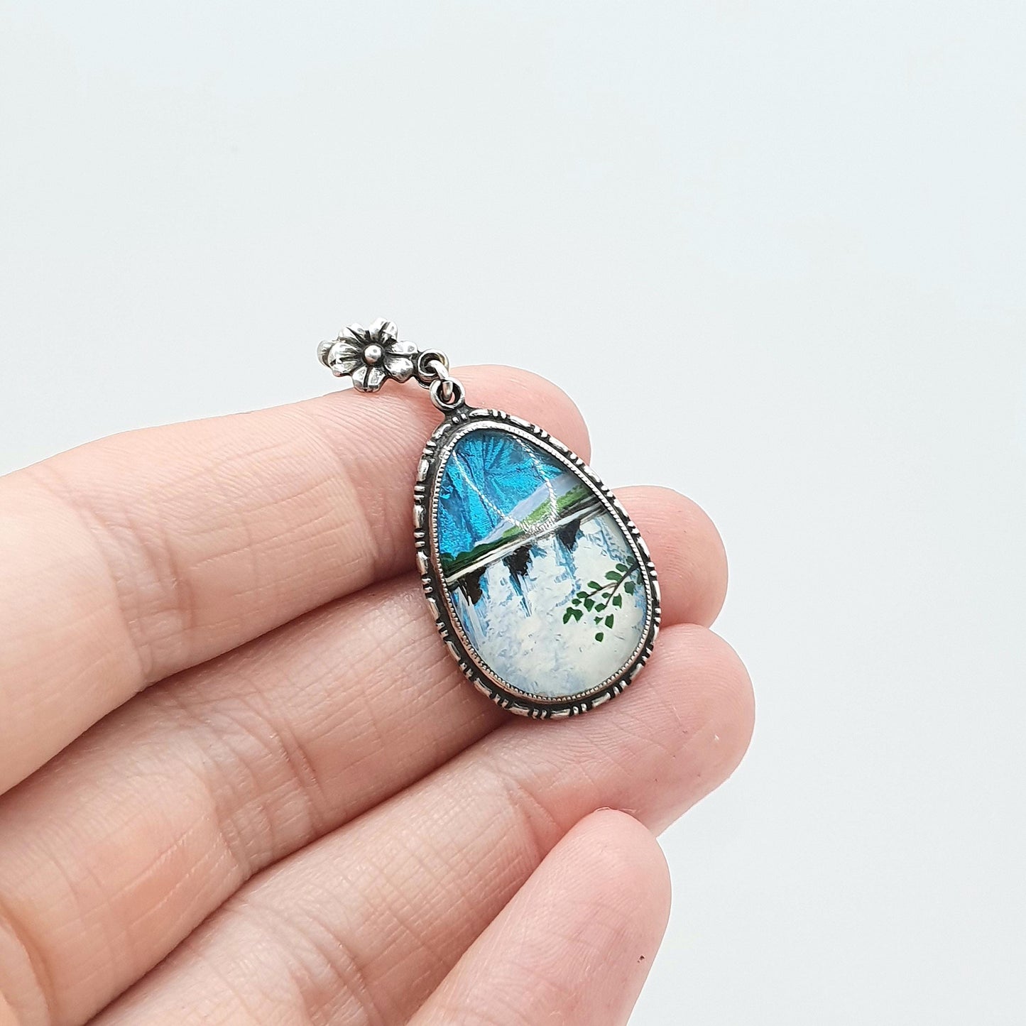 Antique Art Deco Butterfly Wing Pendant Lake Scene Necklace Hand Painted TLM Bug Insect Vintage Jewelry Jewellery Womens