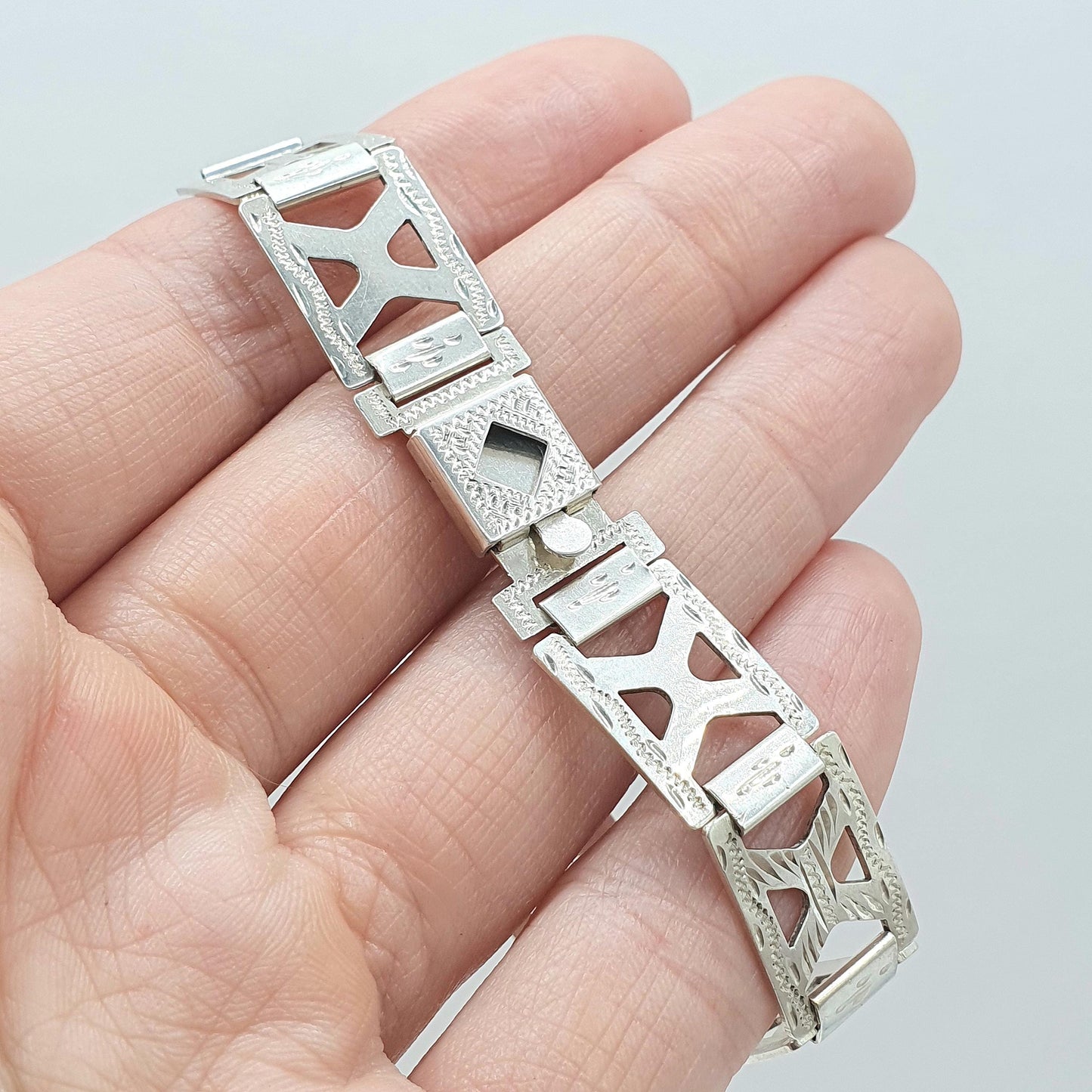Antique Art Deco Solid Silver Geometric Bracelet Square X Links Hand Engraved Vintage Womens Jewellery Jewelry 17cm 12.83g
