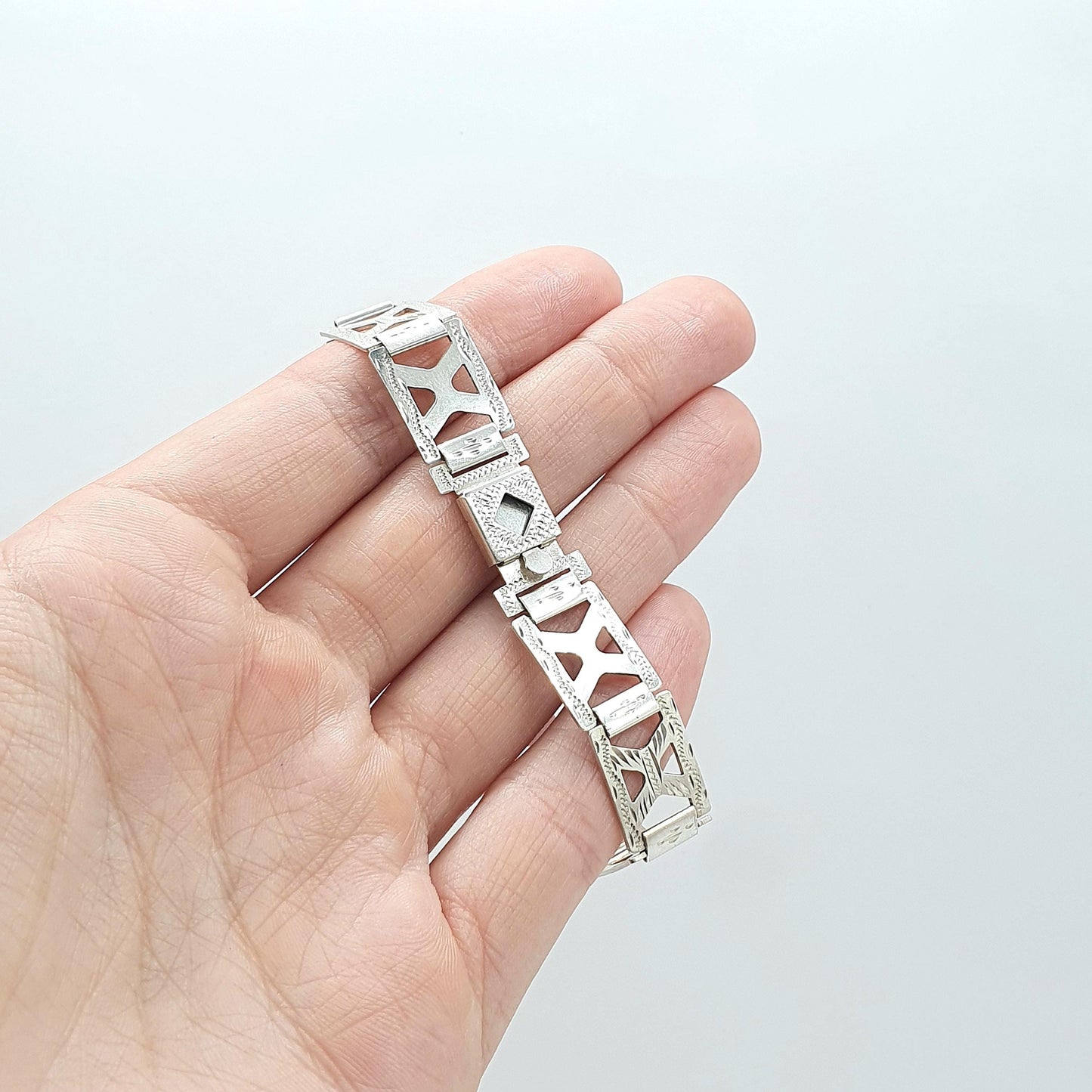 Antique Art Deco Solid Silver Geometric Bracelet Square X Links Hand Engraved Vintage Womens Jewellery Jewelry 17cm 12.83g