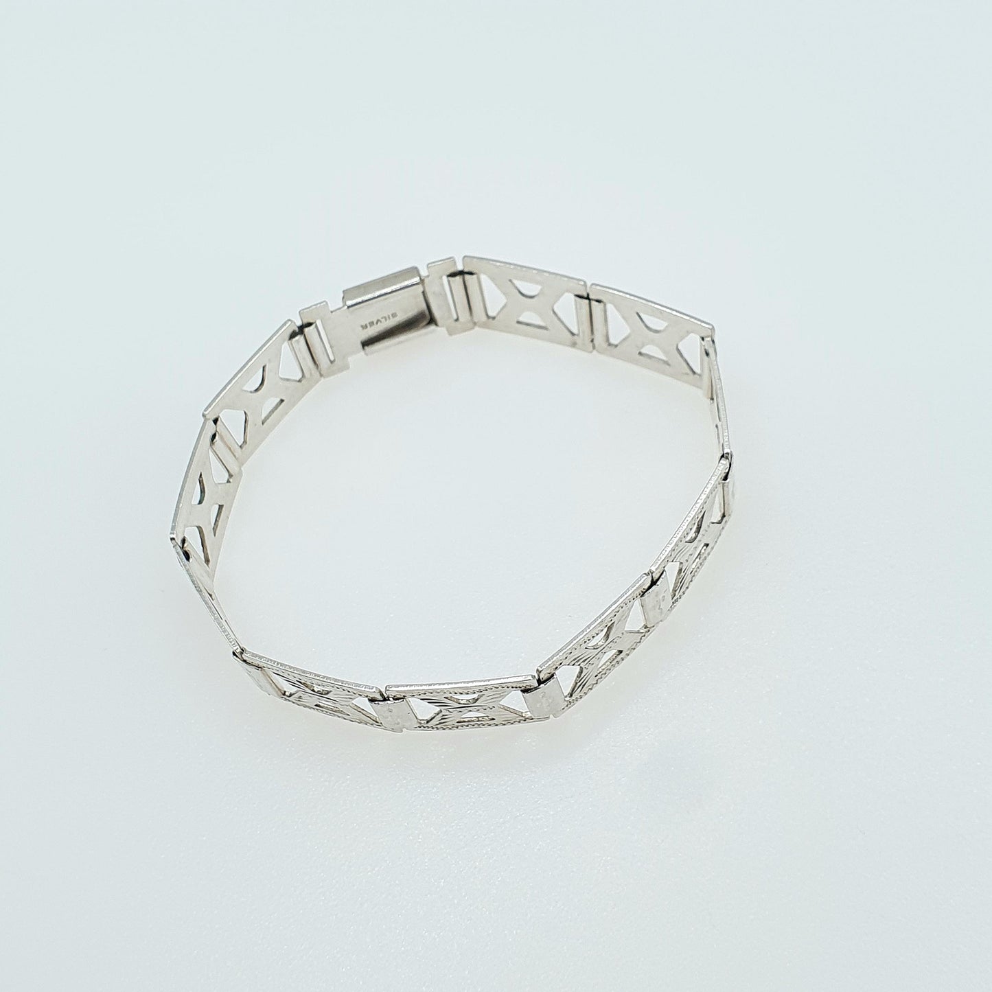 Antique Art Deco Solid Silver Geometric Bracelet Square X Links Hand Engraved Vintage Womens Jewellery Jewelry 17cm 12.83g