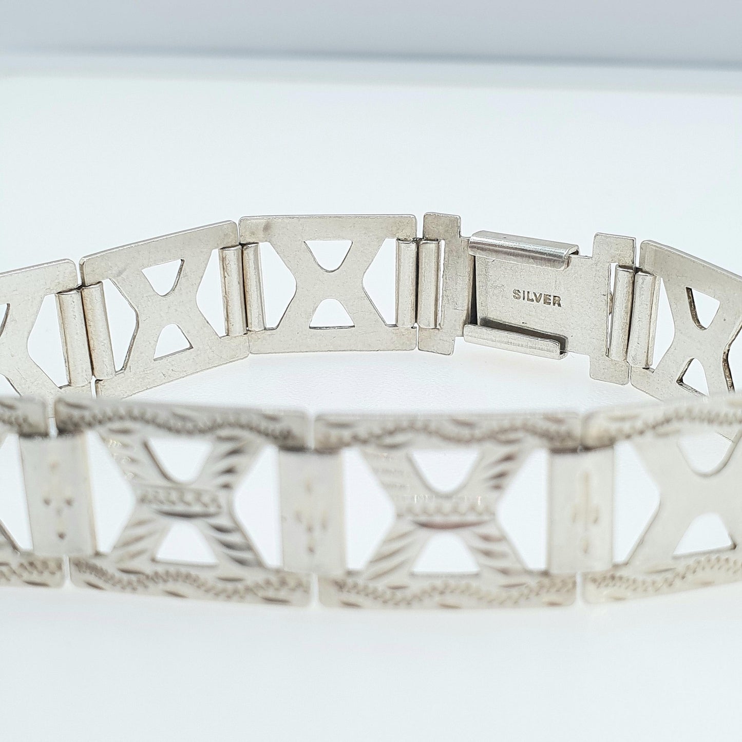 Antique Art Deco Solid Silver Geometric Bracelet Square X Links Hand Engraved Vintage Womens Jewellery Jewelry 17cm 12.83g